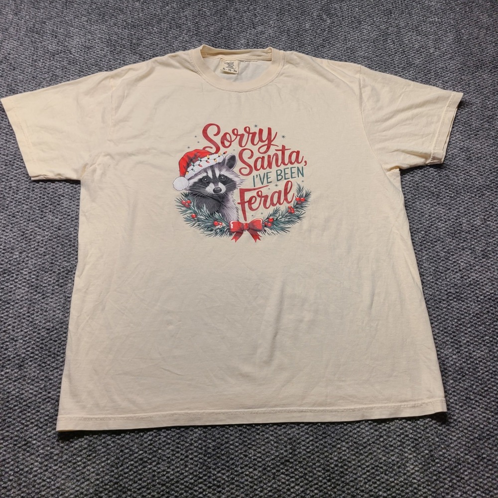 Comfort Colors Sorry Santa I\'ve Been Feral Raccoon Christmas T-Shirt XL Cream